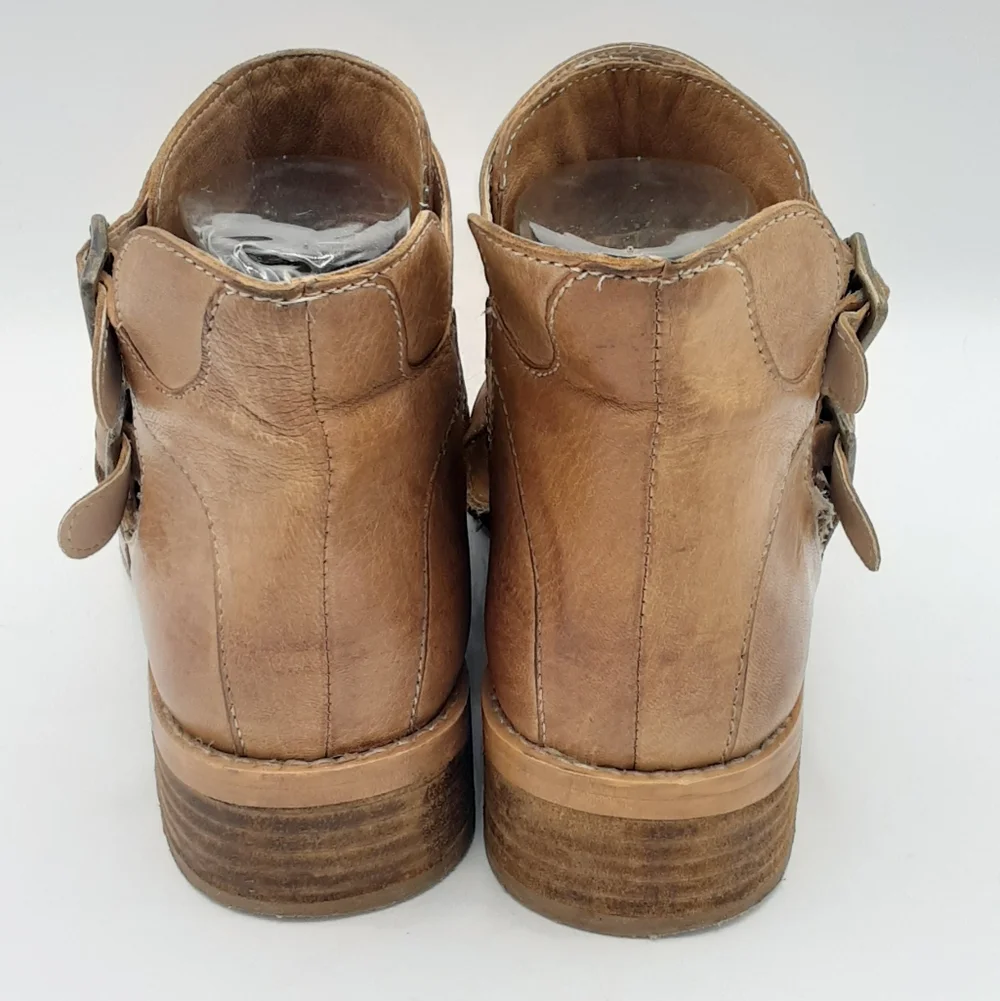 Diba True Road Map Tan Leather Double Adjustable Strap Ankle Bootie Size 8.5M.